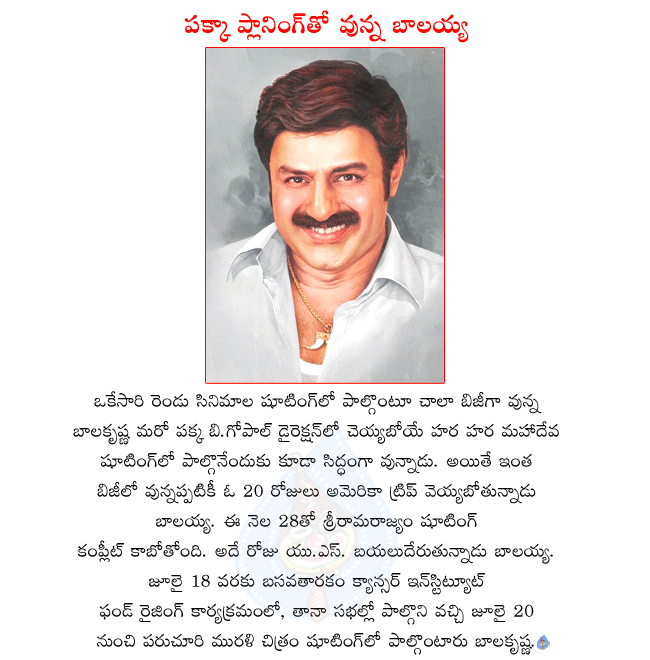 nandamuri balakrishna,balakrishna movies,balakrishna latest movies,balakrishna in srirama rajyam,balakrishna in hara hara mahadeva,balakrishna in paruchuri murali movie,balakrishna u.s. trip,sriramarajyam shooting completes on june 28  nandamuri balakrishna, balakrishna movies, balakrishna latest movies, balakrishna in srirama rajyam, balakrishna in hara hara mahadeva, balakrishna in paruchuri murali movie, balakrishna u.s. trip, sriramarajyam shooting completes on june 28